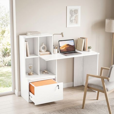Bureau informatique blanc grain bois avec étagère 4 casiers et tiroir sécurisé, 126x50x109 cm (1/5)
