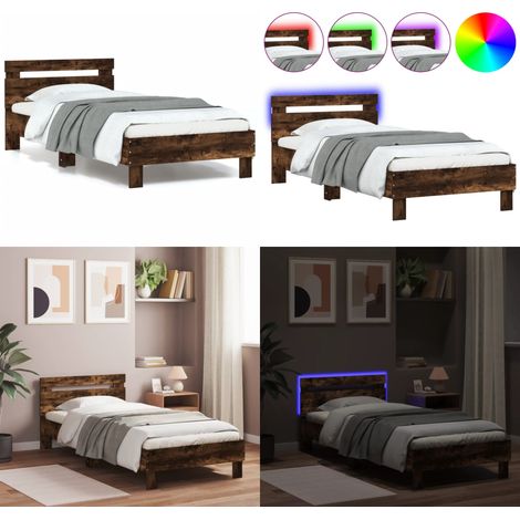 Bettgestell mit Kopfteil und LED-Leuchten Räuchereiche 90x200cm - Holzbettfassungen - Bettsystem - Kopfteilbett - Rauchfarbe Möbel - Schlafzimmer Dekoration - Home & Living (1/5)
