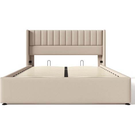 Lit coffre 140x200 cm avec rangement hydraulique, capitonné en lin beige, sommier à lattes inclus