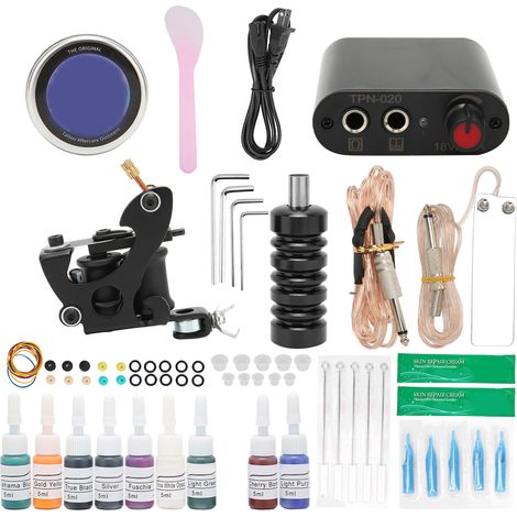 Kit de Machine à Tatouage Bobine Noir avec Alimentation et Cordon - Outils Complets Tatouage 90‑265V Prise US (1/5)