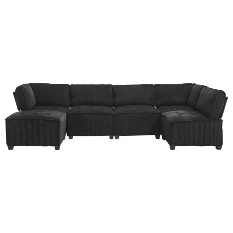 Sofá cama, sofá de 6 plazas con bolsillos laterales, 1 reposapiés, de terciopelo acanalado (pana), negro (1/5)