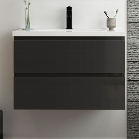 Acezanble Meuble salle de bain 80cm noir brillant avec 2 tiroirs à fermeture automatique et simple lavabo céramique