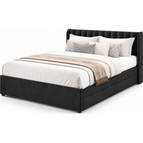 Lit 180 x 200 cm en velours noir avec tête de lit haute, 2 tiroirs de rangement et sommier à lattes inclus, sans matelas, pour chambre élégante CHICFURN (1/5)