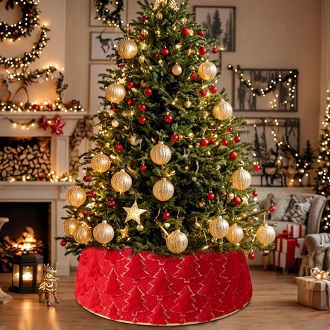 Jupe de Sapin Rouge, Couverture de Base de Sapin de Noël Rond, Décorations d'arbre de Noël (1/5)