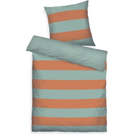 Housse de Couette, 60x80 cm + 140x200 cm, 100% Coton/renforcé, avec Motif réversible et Zip coloré, Bold Stripes Orange, Turquoise (Warm Coral (1/5)