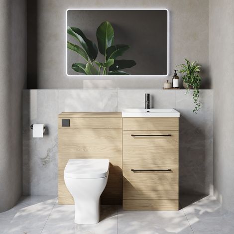 Napoli 390 Cento Light Oak 1100mm 2 Drawer Vanity Unit Toilet Suite with Glide Basin - 1100mm - Matt Black 320mm HandleWith Kingston Toilet Pan and Seat