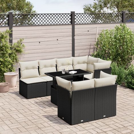 Ensemble de jardin 8 places en résine tressée noir avec table extensible et coussins crème - Salon extérieur modulaire (1/5)