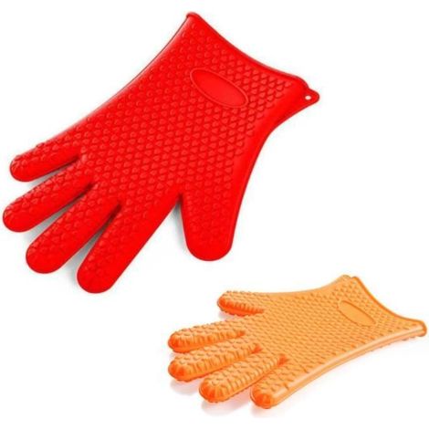 Gants de four - Silicone - Antidérapants - Résistants à la chaleur - Lot de 2 - Orange/Rouge (1/4)