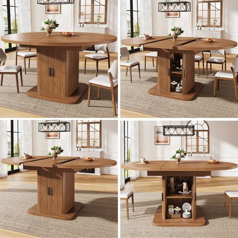 Table à manger extensible avec rangement 110–149,8 cm, portes coulissantes & étagère amovible, 2 couleurs (noyer / noir) (1/5)