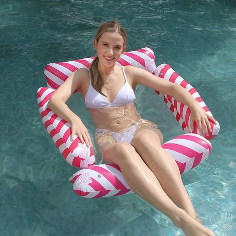 Lit flottant gonflable en PVC avec dossier pliable, drainage flottant et motif rayé – hamac simple