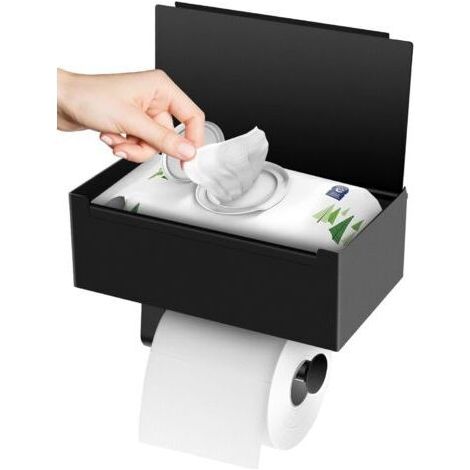 Porte Papier Toilette, Porte Papier Toilette Mural Perçage avec Étagères et Boîte à Lingettes Humides, Noir Porte Rouleau Papier Toilette pour Toilettes et Cuisines (1/3)