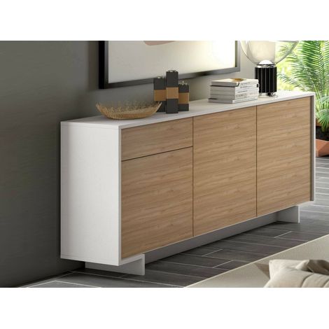 Dmora - Credenza Agrifoglio, Madia da salotto, Buffet da soggiorno a 3 ante e 1 cassetto, 100% Made in Italy, 170x42h78 cm, Bianco e Rovere, con imballo rinforzato (1/5)