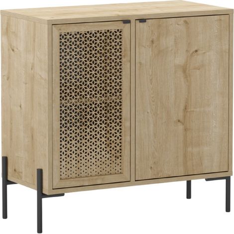 Meuble de rangement 2 portes en mélaminé imitation bois clair avec 1 porte sculptée piètement métal noir - MELISSA