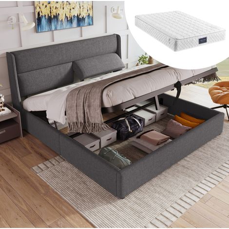 Cama doble 160x200 cm gris de lino con cabecero ajustable, arcón elevable y colchón (1/5)