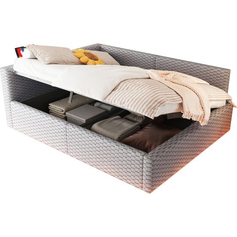 Letto imbottito 140 x 200 cm con testiera L, LED, 2 USB e porta Type-C, contenitore idraulico, velluto grigio, rete per materasso 8-12 cm - CHICFURN (1/5)