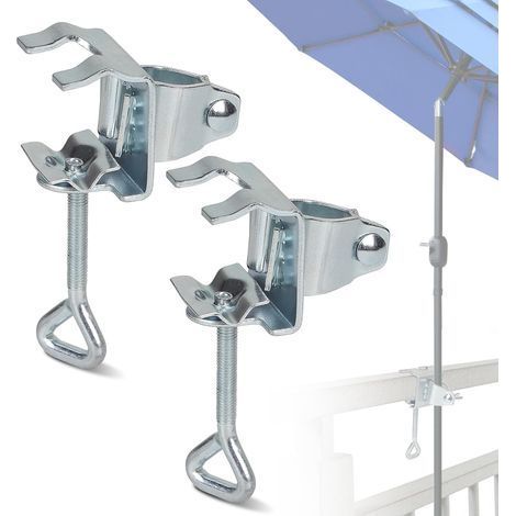 2 Pièces Support de Parasol pour Balcon, Pince de Table Portable pour Fixation Parapluie de Ø 19-32mm, Attache Réglable en Acier Galvanisé, pour Garde-Corps, Terrasse et Parasol Rectangulaire (1/5)