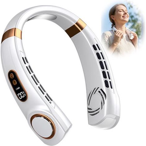Ventilateur de cou portable rechargeable avec écran LED et éclairage, rafraîchisseur de cou pour extérieur, sport et randonnée, blanc (1/5)