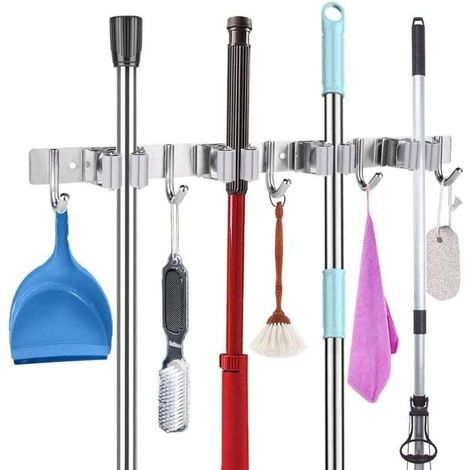 Porte-balai en Acier Inoxydable Barre de Commande Support Mural pour Appareil avec 4 Fentes et 5 Crochets pour Maison Cuisine Salle de Bains Garage Jardin