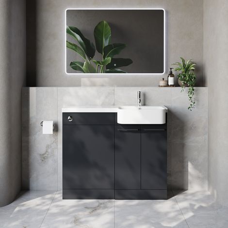 Napoli 250 Gloss Grey 1000mm 2 Door Vanity Unit Toilet Suite with Right Hand Round Rico Semi Recessed Basin - 1000mm - Chrome 160mm HandleWithout Kingston Toilet Pan