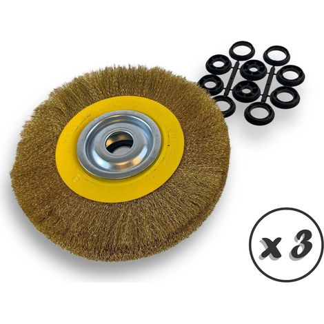 Lot de 3 brosses circulaires LAITON  Ø 250 mm  Epaisseur 3 rangs  Fil souple 0.20 mm ondulé  Alésage 32 mm + réducteur bague 25/22/20/16/12 mm  Touret affûteuse ponceuse  Kibros 231253LVx3
