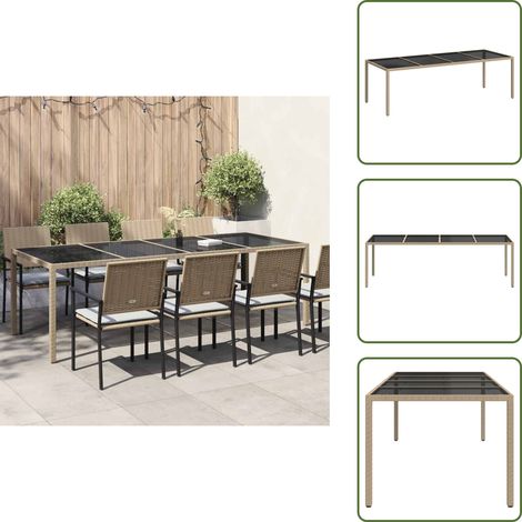 Vidrio templado - vidaXL Mesa de jardín de vidrio templado ratán PE beige 250x100x75 cm - Mesa de jardín beige