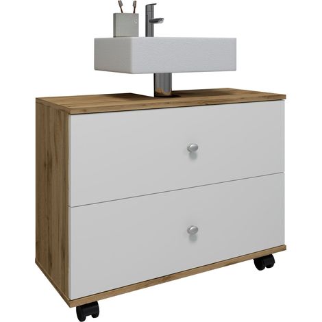 Mobilier de badge : sous-armoire de lavage Nilosi H. 61 x L. 60 x P. 33 cm Honig-Eiche / Blanc