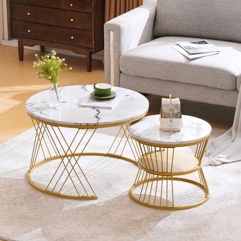 Table basse gigogne, table d'appoint canapé, plateau MDF effet marbre, piètement métal doré, 70x70x47 & 45x45x40 cm, blanc (1/5)