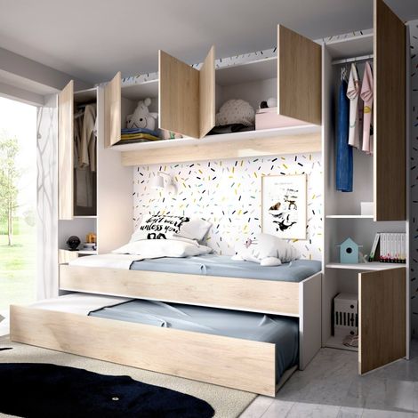 Dmora - Cama infantil Dmra, Dormitorio completo con armario puente y cómoda, Composición con cama y cama nido individual, 303x97h203 cm, Roble y Blanco