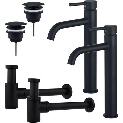 FugaFlow Eccelente Sobrado Kit robinet lavabo - pour double vasque - robinet rehaussé - bonde non-obturable - siphon design bas - Noir mat (1/4)