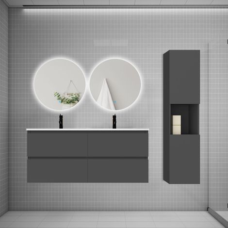Ensemble meuble anthracite et vasque L.120cm 4 tiroirs + colonne1 haut + lavabo + miroir 60x60cm2-suspendu