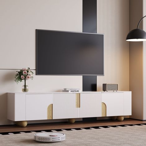 Meuble TV blanc 180 cm, 4 portes, design élégant, finition aspect marbre, pieds en bois sphériques