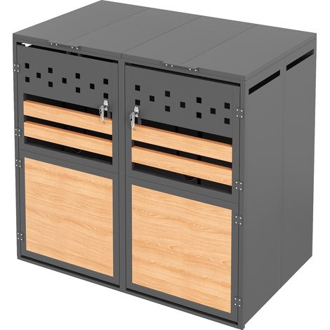 Abri pour poubelles, avec couvercle rabattable, compartiments de rangement pour déchets, verrouillable, deux portes, découpes en losange, panneaux à veinage horizontal du bois