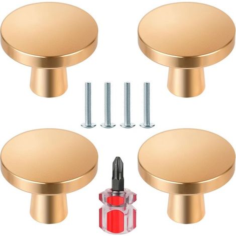 Quatre boutons de meuble dorés, poignées de tiroir rondes en forme de champignon de 30 mm, convenant aux cuisines et aux salles de bains. (1/5)