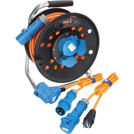 Kalle Campingkabeltrommel CEE 230V 16A 2,5mm² Extreme Signal Orange IP44 25 Meter im Set mit Anschlussleitung Winkel 1,5 Meter + Adapterleitung 1,5 Meter