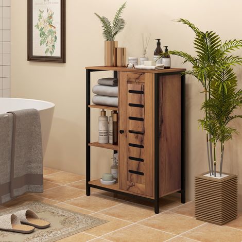 Mobiletto da bagno autoportante in stile industriale con struttura in acciaio, 3 ripiani a giorno, 60 x 30 x 85 cm, marrone rustico.
