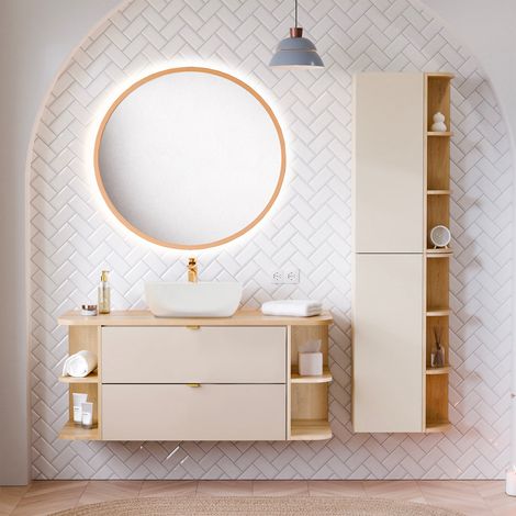 Insieme mobile lavabo singolo 120cm nicchie arrotondate colonna e specchio LED Azel Cachemire e Legno