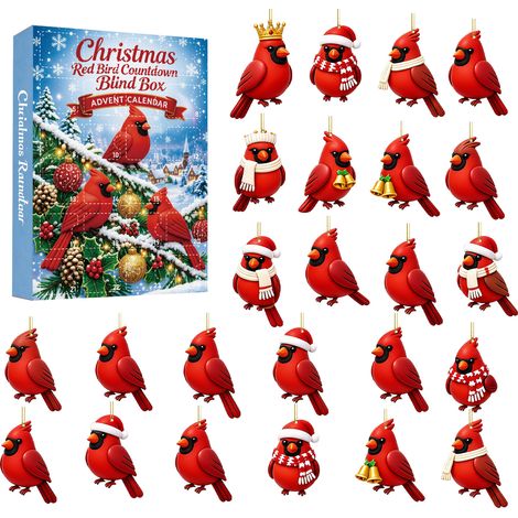 Adventskalender 2026 – 24-teilig – rot-weiß – Acryl – 8 cm flache Anhänger – Kardinalvogel-Weihnachtsmotiv – Christbaumschmuck – geeignet für Weihnachten und als Dekoration (1/5)