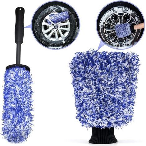 Pair Gant de lavage de voiture avec brosse pour jantes, brosse de nettoyage en microfibre pour jantes, élimine facilement la saleté tenace et nettoie le fond de jante, jantes en aluminium