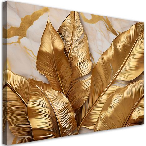 Tableau déco feuilles d'or sur fond de marbre abstrait 100x70 (1/5)