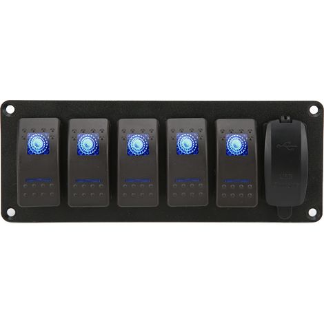 Panneau de commande à 5 interrupteurs à bascule 12-24 V avec double port USB 5 V 3,4 A et rétroéclairage LED bleu pour applications marines, bateaux, voitures et camions. (1/5)