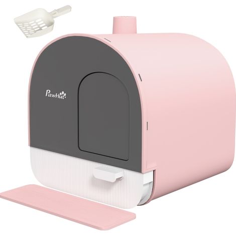 Litière pour chat fermée en plastique avec filtre, pelle et tapis anti-poussière, rose/noir (1/5)