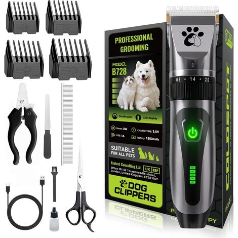 Tondeuse pour Chiens Sans Fil, Tondeuse pour Animaux, Kit de Toilettage pour Chiens à 2 Vitesses et Faible Bruit, Tondeuse pour Animaux pour Chiens et Chats à Poils Courts et Longs (1/5)