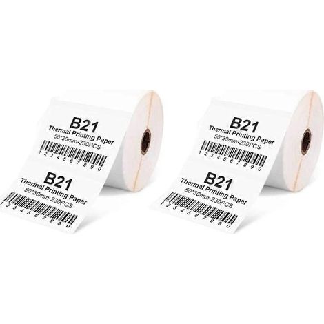 Lot de 2 rouleaux de papier thermique B21 pour caisse enregistreuse POS, 230 feuilles/rouleau, étiquettes 5x3cm, reçus et tags. (1/4)