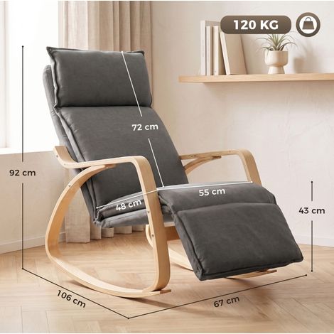 Fauteuil à bascule 67 x 106 x 92 cm avec repose-pieds 5 positions, aspect lin, crème, pour salon - gris foncé (1/5)