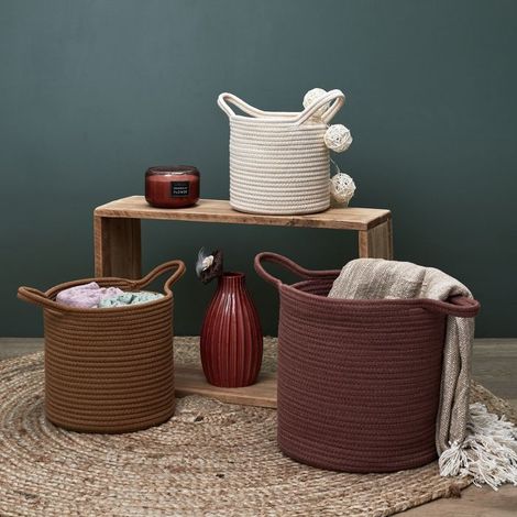 Lot de 3 Paniers - HOME DECO FACTORY - Coton - Terracotta Ocre Ivoire (1/5)