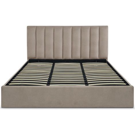 Paris Prix – Lit coffre taupe 180x200cm – Velours moderne – Sommier relevable – Design rectangulaire – À monter soi-même (1/2)