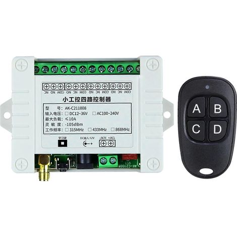 Interrupteur sans fil 4 canaux 433 MHz, télécommande DC 12V, noir pour commande à distance (1/4)