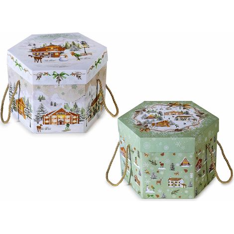 Scatole natalizie esagonali in carta per panettone con manici e coperchio, stampa paesaggio natalizio innevato, set da 8 pezzi