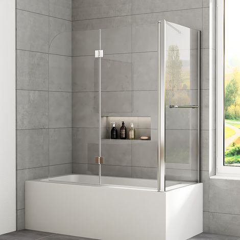 Duschwand für Badewanne mit Seitenwand 70x120x140cm mit Seitenwand für 70cm Badewanne Badewannenaufsatz 2-teilig Faltbar, Duschabtrennung Duschtrennwand Faltwand, 6mm Nano Glas
