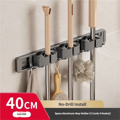 Support mural pour balai avec crochets robustes et clips de verrouillage aucun perçage requis pour le rangement du balai de salle de bain. (1/5)